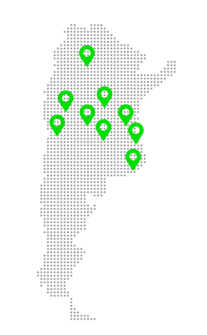 banner-Argentina-01 Mapa de Argentina con marcadores verdes indicando presencia de Albor Agro en distintas regiones del país